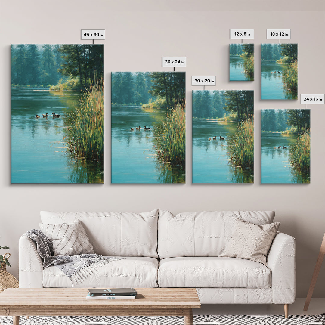 Tranquil Ducks On A Calm Lake Nature Scene Oil Painting Canvas Print For Rustic Living Room Wall Art And Cabin Home Decor