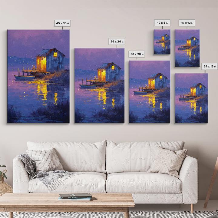 Rustic Night Lakeside Cabin With Boat Oil Painting Wall Art For Cozy Living Room Decor And Tranquil Bedroom Framed Canvas Print