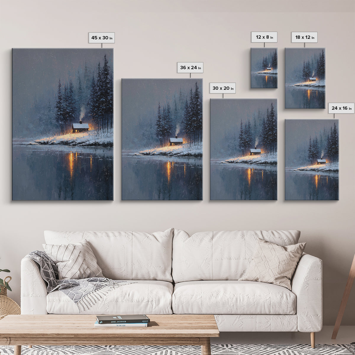 Cozy Winter Cabin Snowy Landscape Lake Reflection Oil Painting Canvas Print Framed Wall Art For Rustic Decor