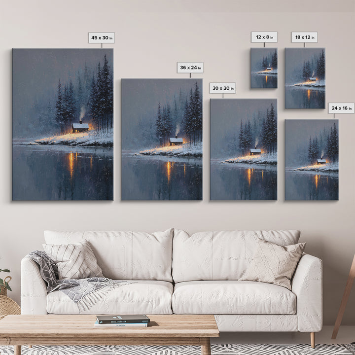 Cozy Winter Cabin Snowy Landscape Lake Reflection Oil Painting Canvas Print Framed Wall Art For Rustic Decor