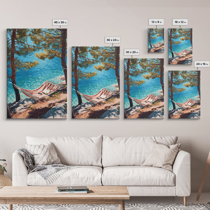 Tranquil Coastal Scene With Hammock Overlooking Sparkling Blue Ocean Landscape Painting Canvas Print Framed Canvas Print Wall Art Decor