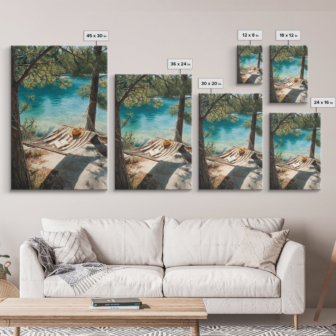 Tranquil Lakeside Hammock Scene Canvas Print, Relaxing Summer Vacation Wall Art, Cozy Home Decor Living Room Art