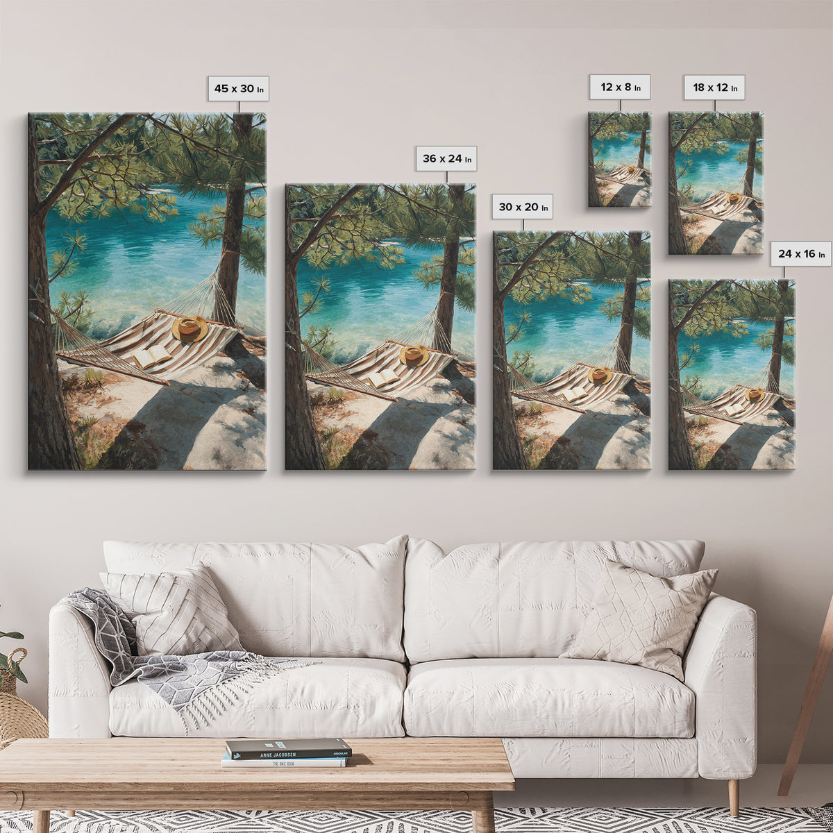 Tranquil Lakeside Hammock Scene Canvas Print, Relaxing Summer Vacation Wall Art, Cozy Home Decor Living Room Art
