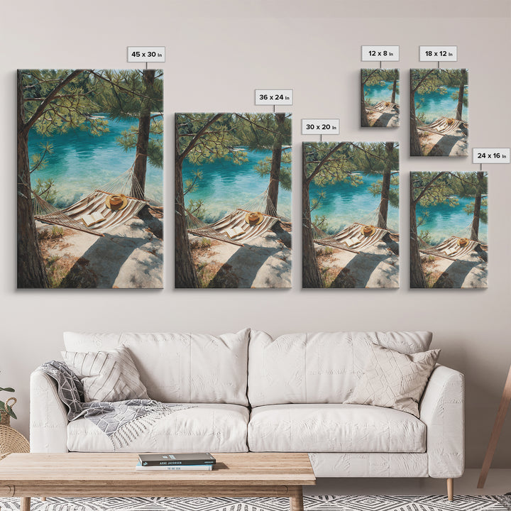 Tranquil Lakeside Hammock Scene Canvas Print, Relaxing Summer Vacation Wall Art, Cozy Home Decor Living Room Art
