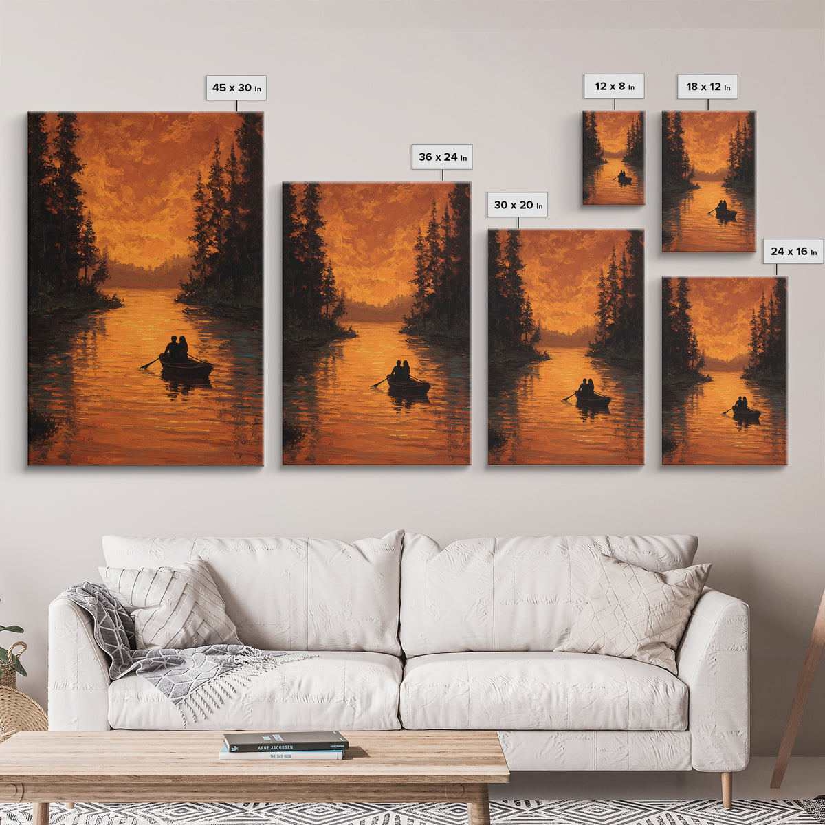 Romantic Autumn Evening Couple Rowing Boat Sunset Landscape Painting Large Wall Art Framed Canvas Print