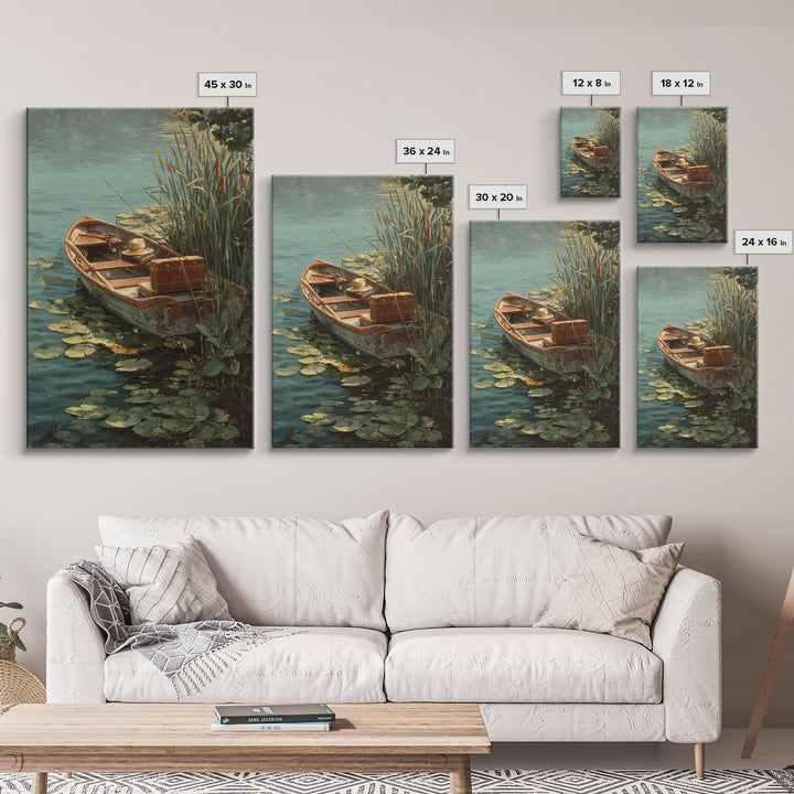 Cozy Contemporary Fishing Boat by Waterfall Original Oil Painting Wall Art Framed Canvas Print for Rustic Decor