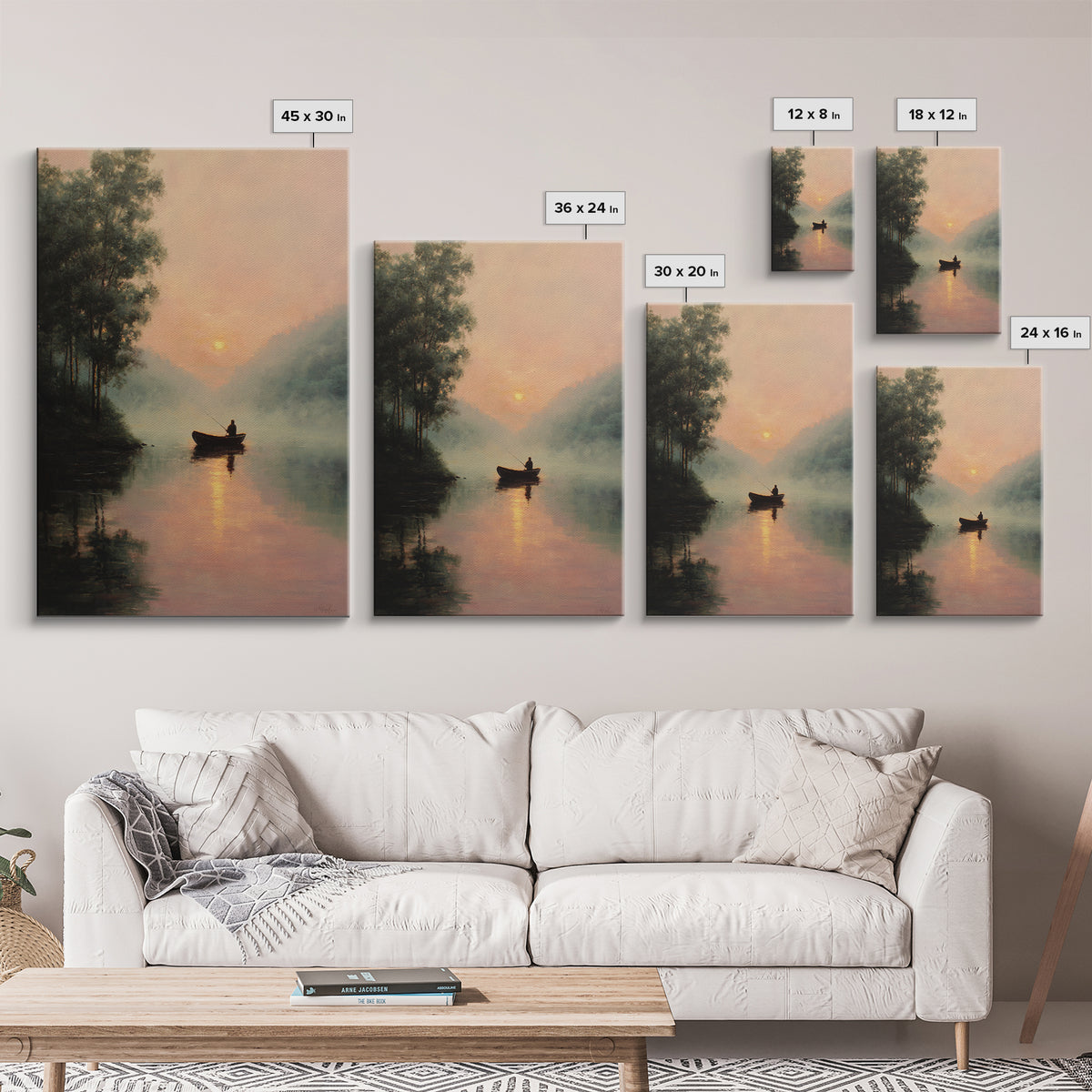 Peaceful Sunrise Lake Fisherman Landscape Oil Painting Large Wall Art Framed Canvas Print Rustic Decor