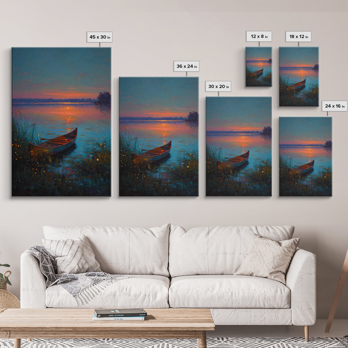 Serene Firefly Canoe Landscape At Twilight Oil Painting Large Wall Art Framed Canvas Print For Relaxing Home And Living Room