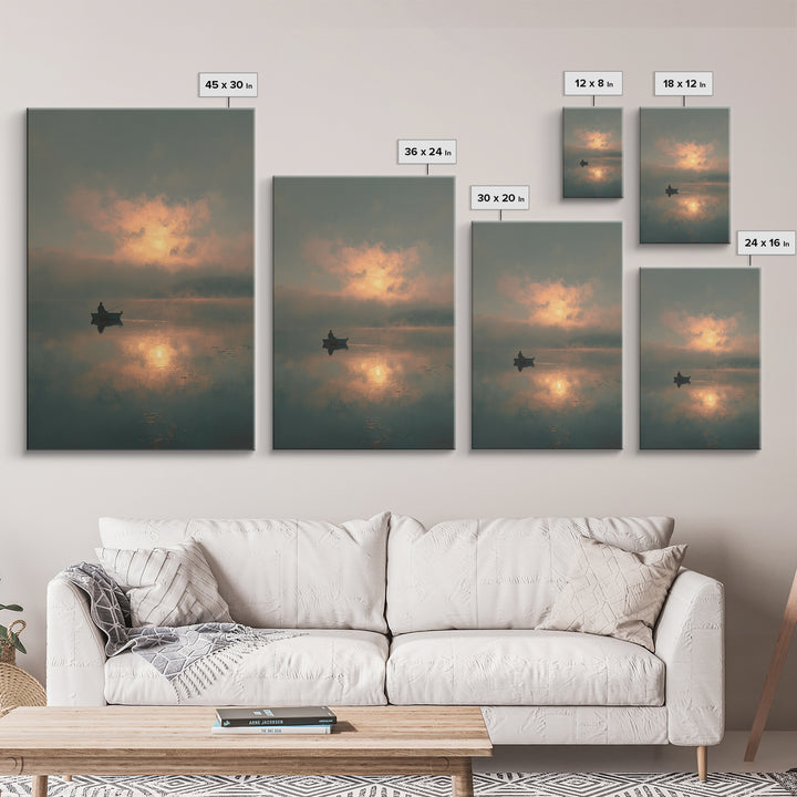 Peaceful Lone Fisherman At Sunset Canvas Print, Serene Lake Scene Wall Art, Tranquil Home Decor For Living Room