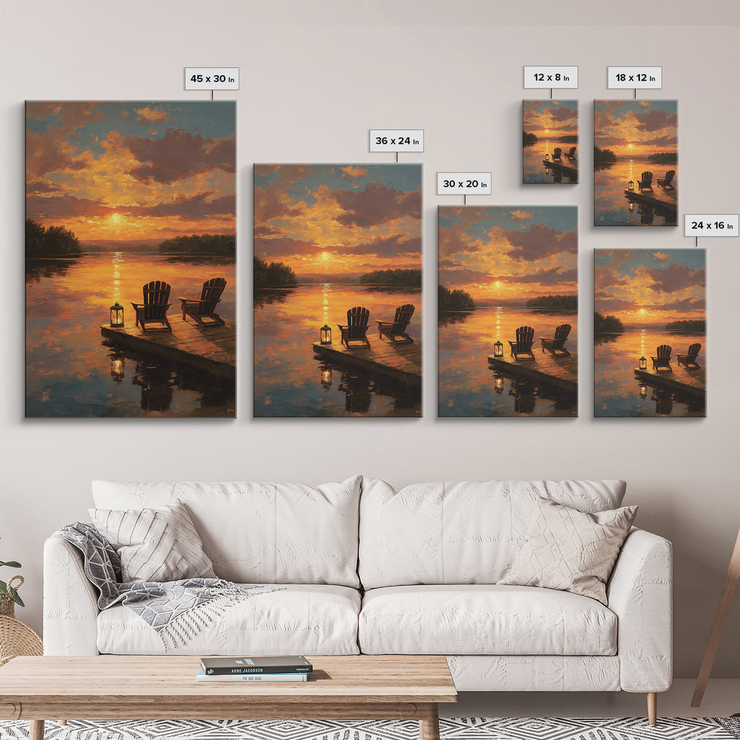 Warm Sunset Landscape Oil Painting With Adirondack Chairs And Reflection On Water Wall Art Framed Canvas Print