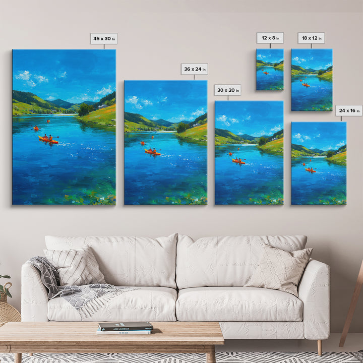 Vivid Kayakers On Blue Lake Under Clear Sky Colorful Outdoor Landscape Oil Painting Canvas Print