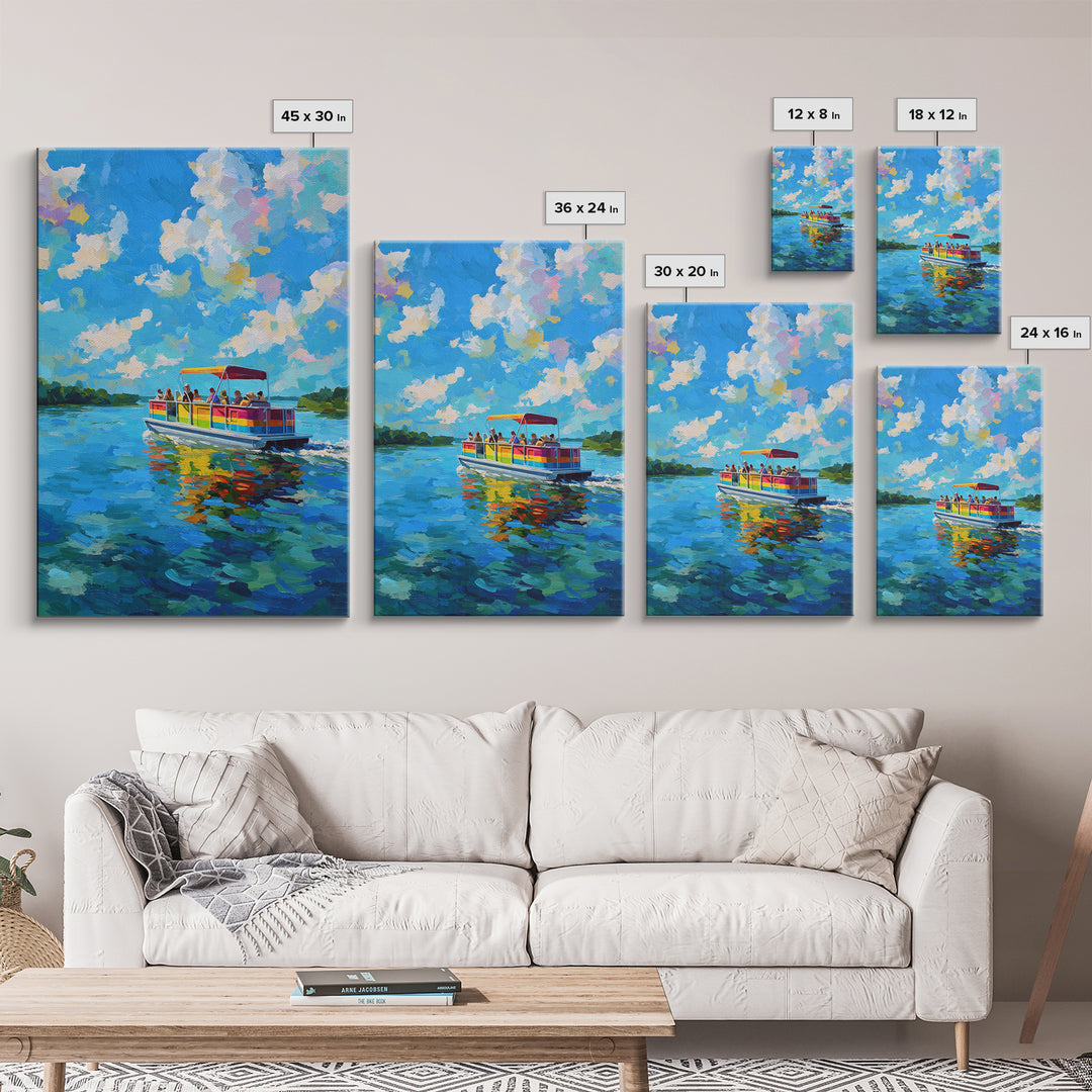 Vibrant Colorful Boat On Lake Under Blue Sky Bright Contemporary Painting Wall Art Framed Canvas Print