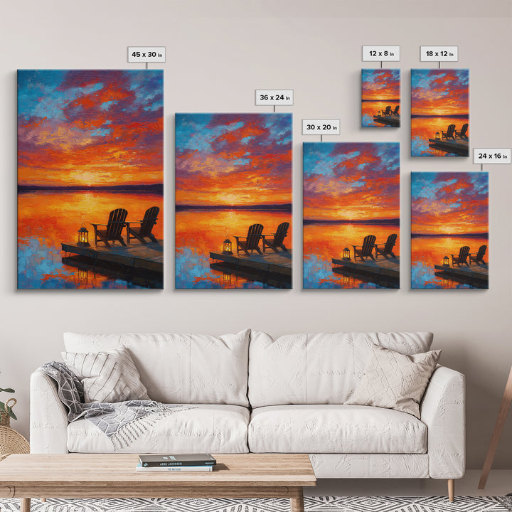 Warm Vibrant Sunset Lake Dock Scene Oil Painting Canvas Print Large Wall Art For Cozy Home Decor Living Room