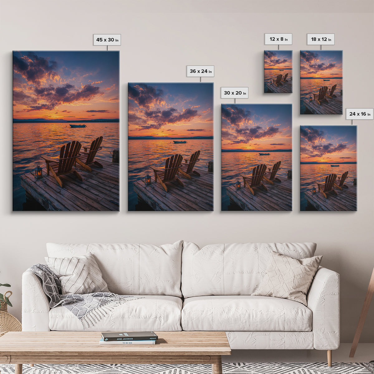 Serene Sunset Over Lake With Adirondack Chairs On Dock Classic Landscape Wall Art Canvas Print