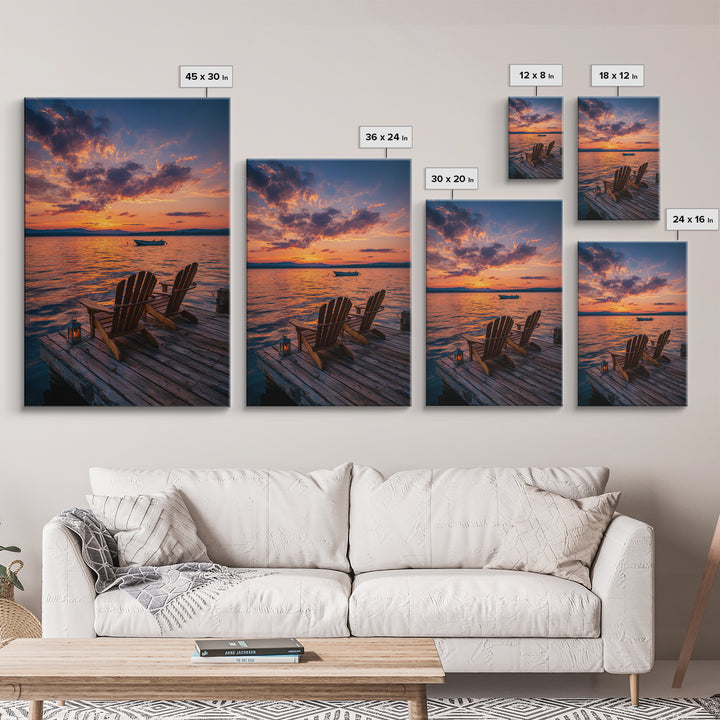 Serene Sunset Over Lake With Adirondack Chairs On Dock Classic Landscape Wall Art Canvas Print