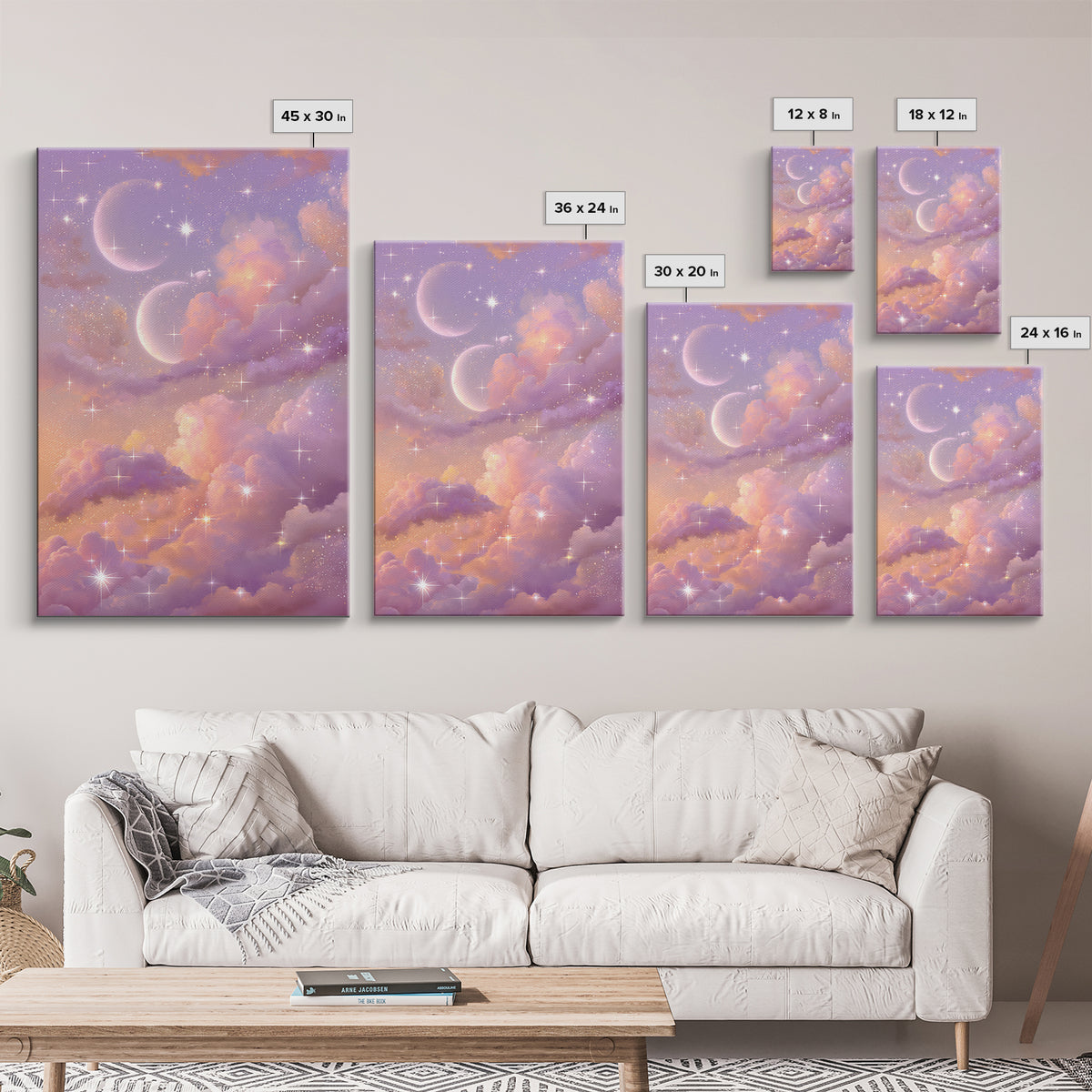 Pastel Moon And Star Cloud Canvas Print, Celestial Wall Art, Dreamy Nursery Decor, Whimsical Bedroom Decor, Gift For Her