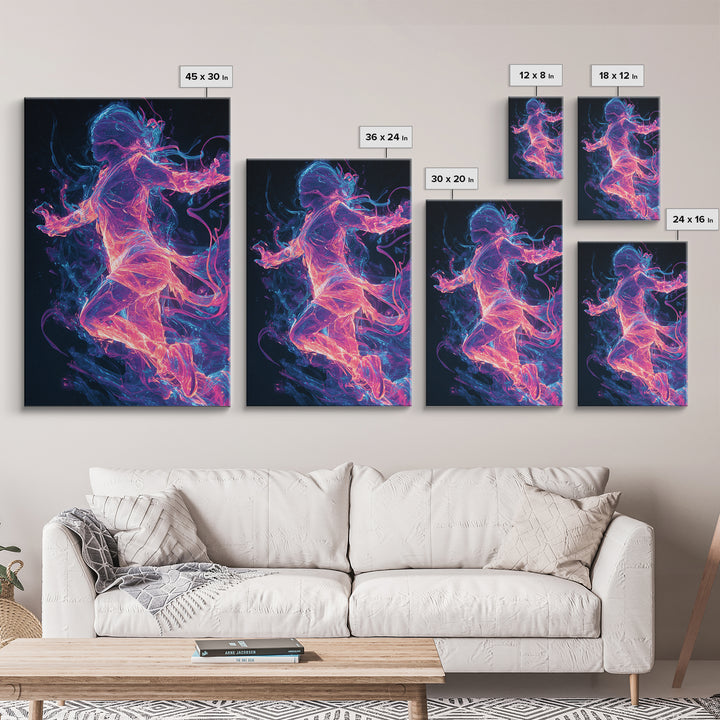 Neon Energy Dancer Framed Canvas Print, Abstract Figurative Art, Cyberpunk Decor, Vibrant Wall Art, Gift For Her, Modern Living Room Decor