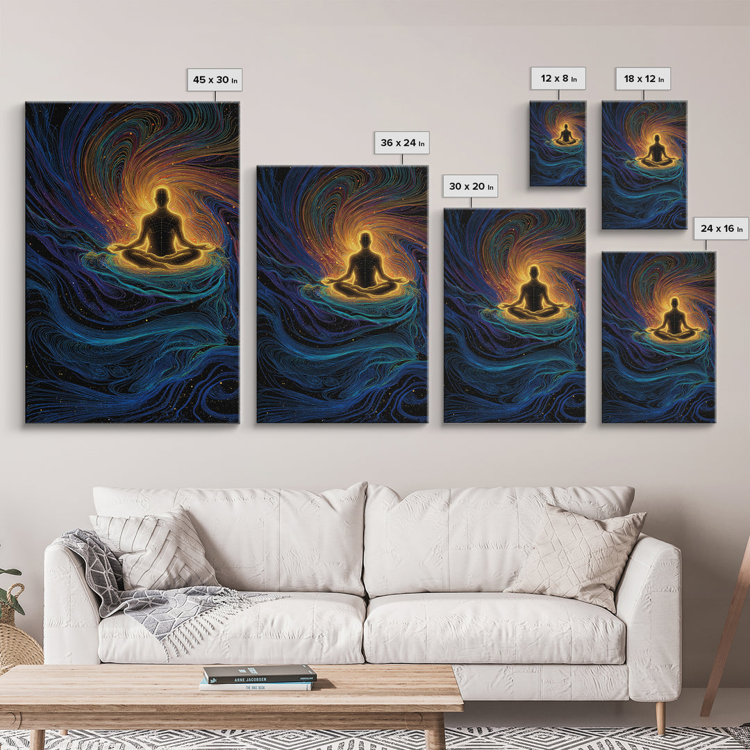 Glowing Meditation Figure Canvas Print, Spiritual Energy Wall Art, Psychedelic Zen Decor, Celestial Yoga Room Gift Decor