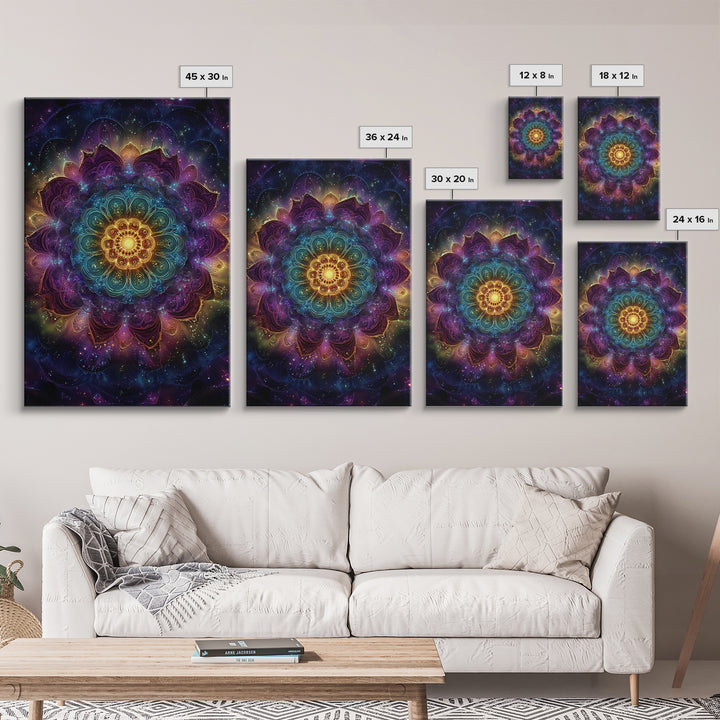 Vibrant Mandala Abstract Wall Art With Glittering Lights Framed Canvas Print For Modern Home Decor