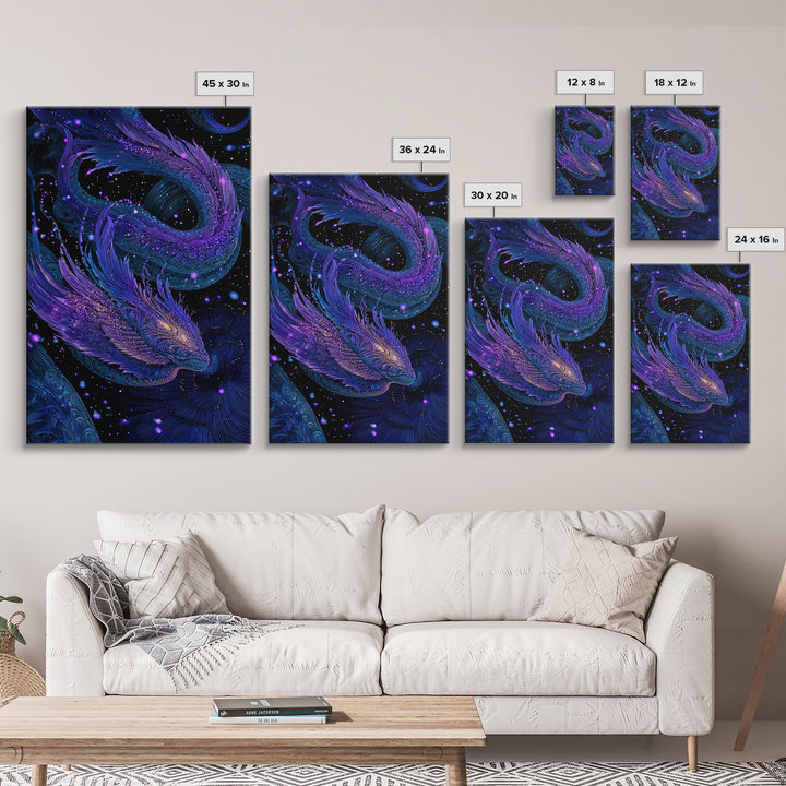 Celestial Twin Dragon Canvas Print, Purple Blue Fantasy Art, Mythical Space Wall Decor For Gamer Room And Unique Gift Idea