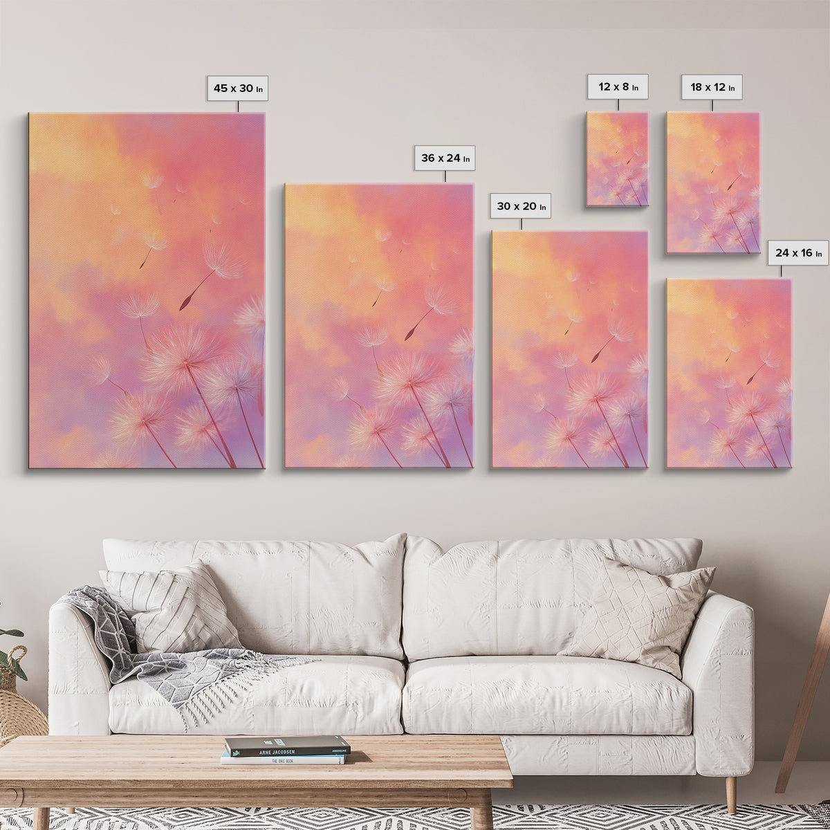 Floating Dandelion Seeds At Sunset Canvas Print, Pink Orange Wall Art For Bedroom Decor, Dreamy Feminine Nursery Art Gift