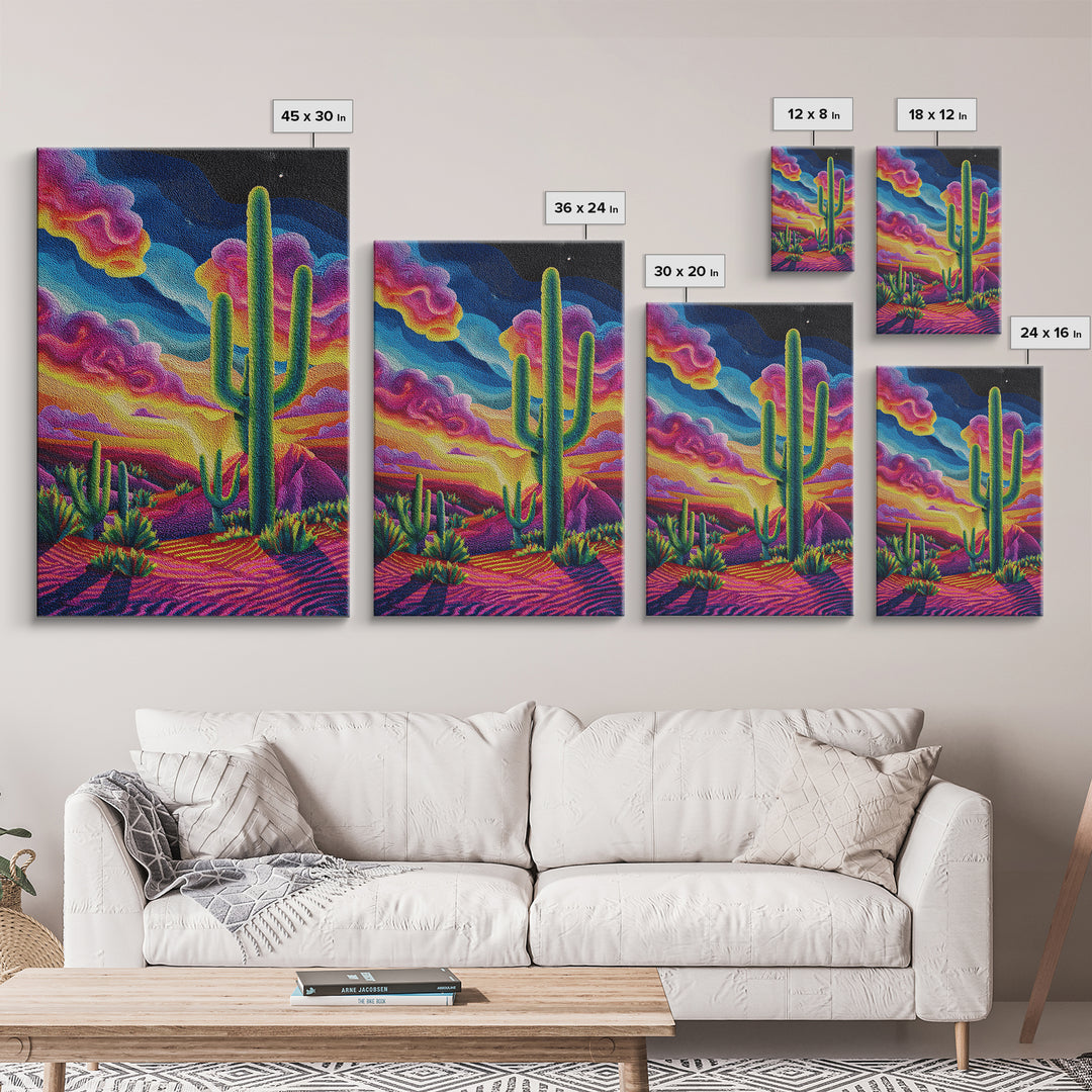 Vibrant Desert Landscape Painting With Cactus And Colorful Sunset Sky Wall Art Modern Home Decor Canvas Print