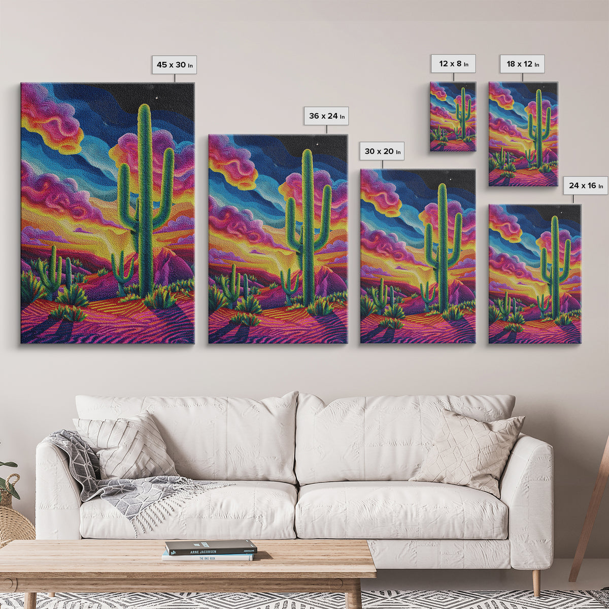 Vibrant Desert Landscape Painting With Cactus And Colorful Sunset Sky Wall Art Modern Home Decor Canvas Print