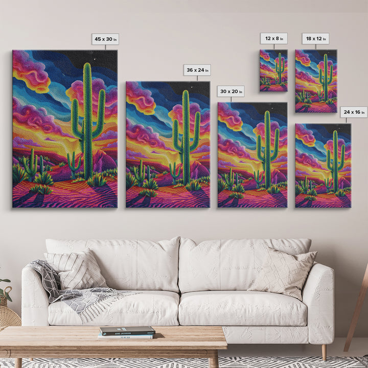Vibrant Desert Landscape Painting With Cactus And Colorful Sunset Sky Wall Art Modern Home Decor Canvas Print