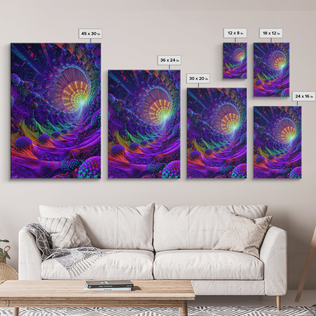 Neon Fractal Spiral Tunnel Canvas Print, Psychedelic Abstract Wall Art, Vibrant Futuristic Decor, Statement Artwork Gift