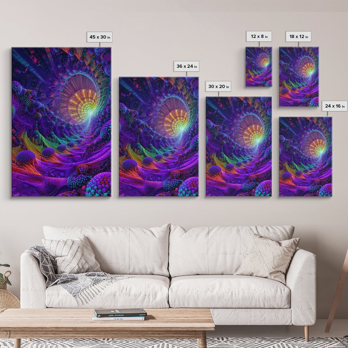 Neon Fractal Spiral Tunnel Canvas Print, Psychedelic Abstract Wall Art, Vibrant Futuristic Decor, Statement Artwork Gift