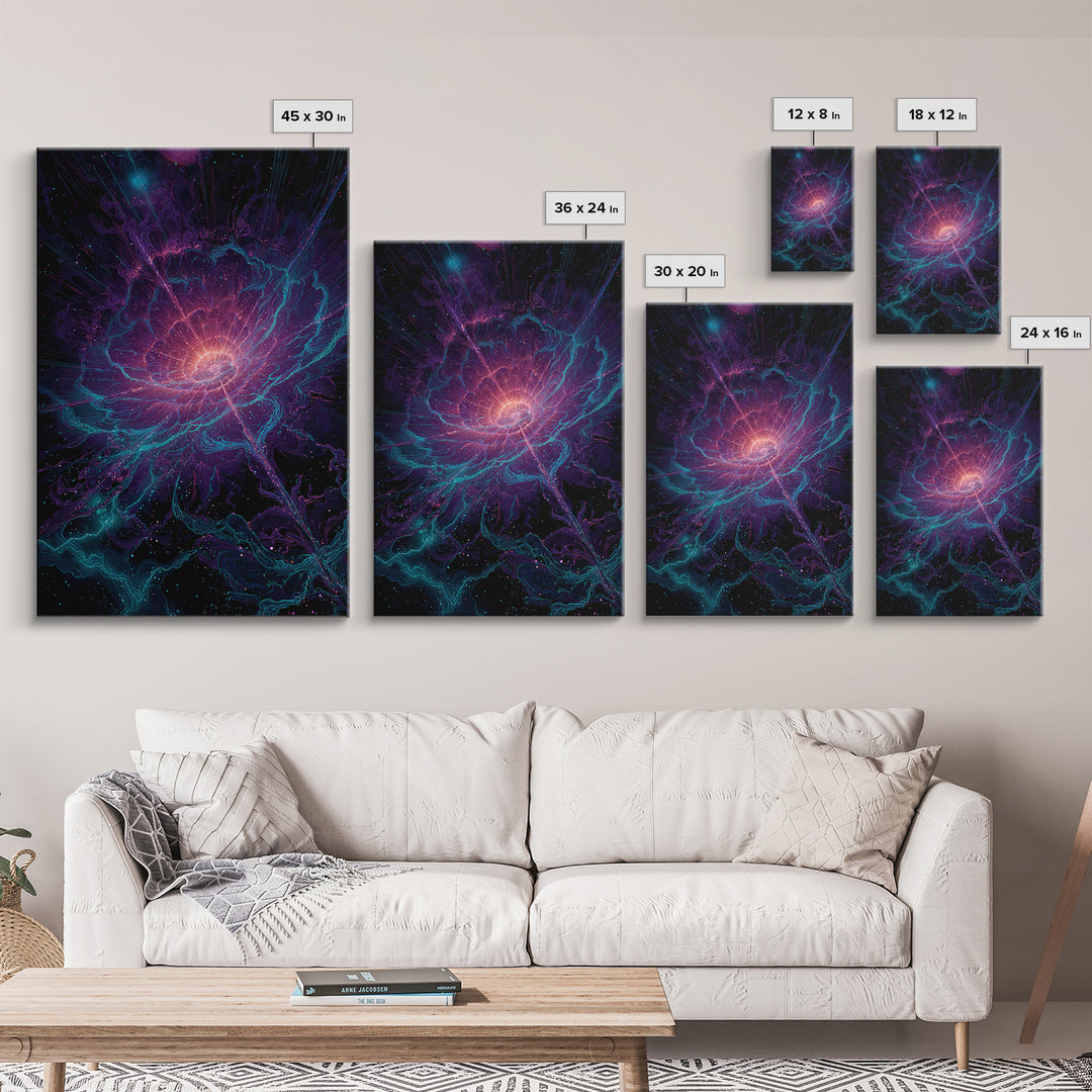 Cosmic Neon Flower Wall Art, Psychedelic Floral Canvas Print, Celestial Botanical Decor, Mystical Boho Bedroom Gift For Her