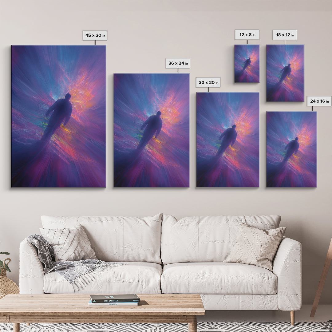 Neon Astral Figure In Purple Light Vortex Wall Art, Psychedelic Abstract Art Print, Celestial Space Decor, Modern Wall Decor