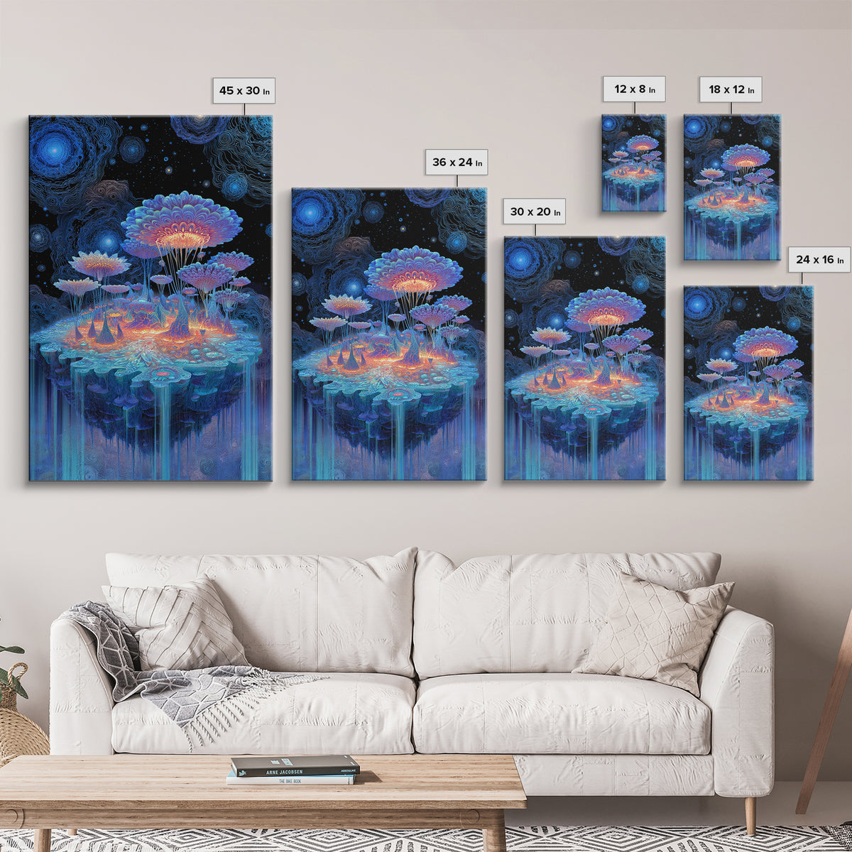 Bioluminescent Mushroom Island Framed Canvas Print, Fantasy Landscape Wall Art, Psychedelic Decor, Whimsical Nature Art