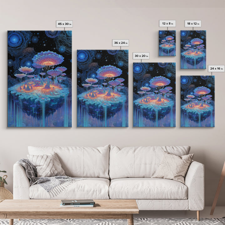 Bioluminescent Mushroom Island Framed Canvas Print, Fantasy Landscape Wall Art, Psychedelic Decor, Whimsical Nature Art