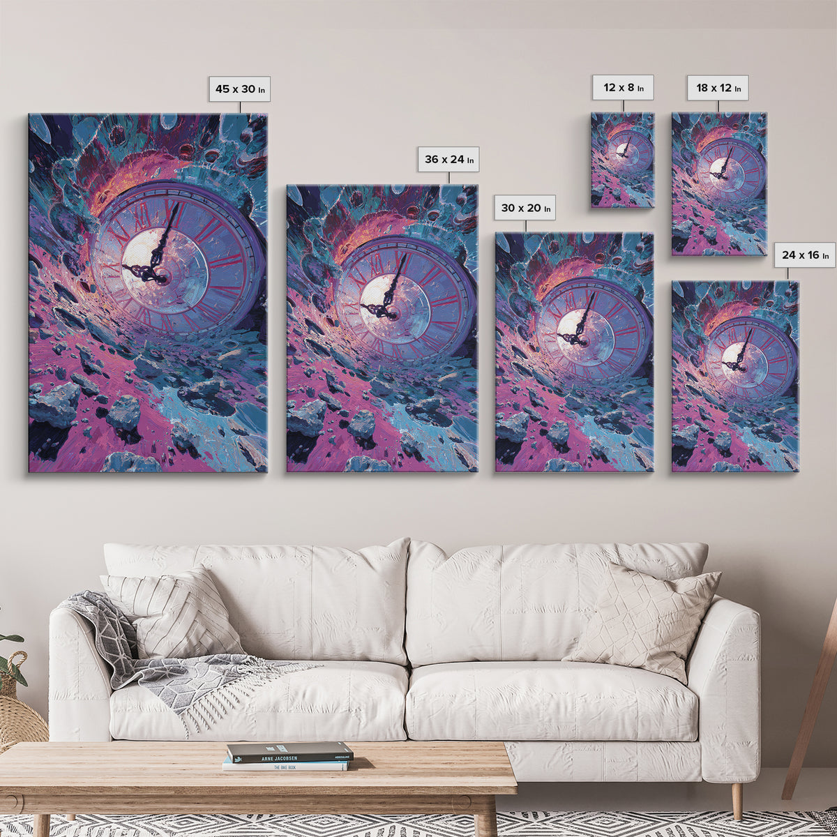 Surreal Clock Vortex In Cosmic Ruins, Time Fantasy Wall Art, Psychedelic Canvas Print, Celestial Decor, Statement Artwork