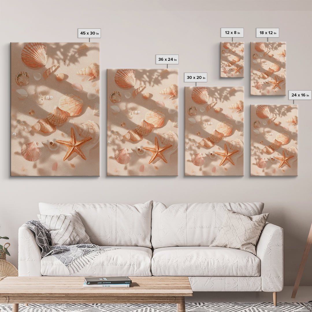 Sunlit Seashells And Starfish Framed Canvas Print, Coastal Wall Art For Beach House Decor, Nautical Bathroom Wall Decor Gift