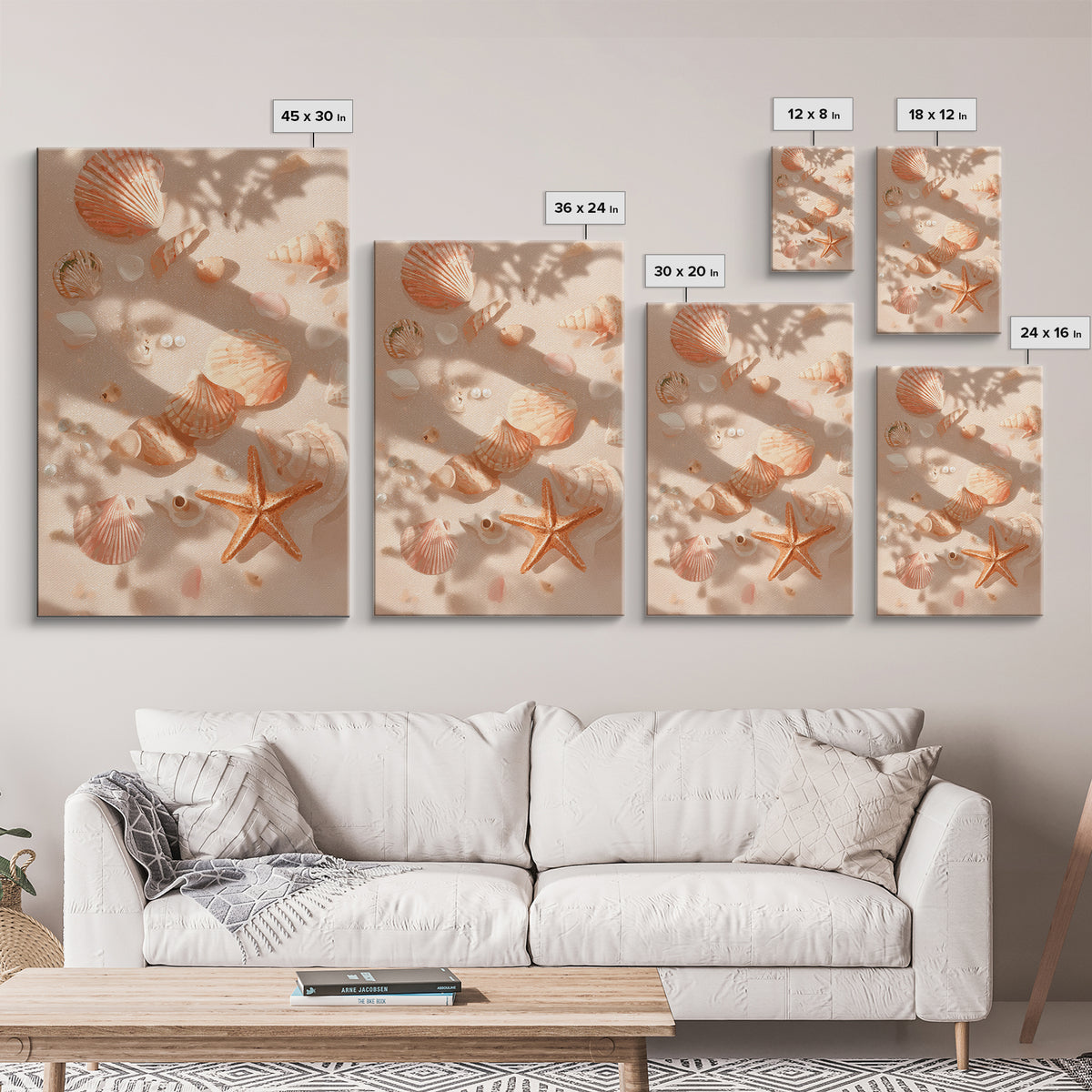 Sunlit Seashells And Starfish Framed Canvas Print, Coastal Wall Art For Beach House Decor, Nautical Bathroom Wall Decor Gift