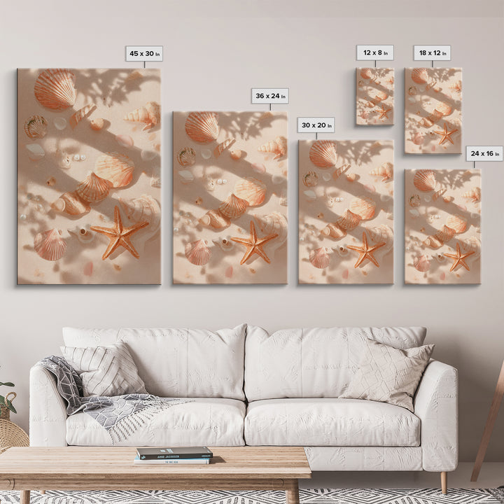 Sunlit Seashells And Starfish Framed Canvas Print, Coastal Wall Art For Beach House Decor, Nautical Bathroom Wall Decor Gift