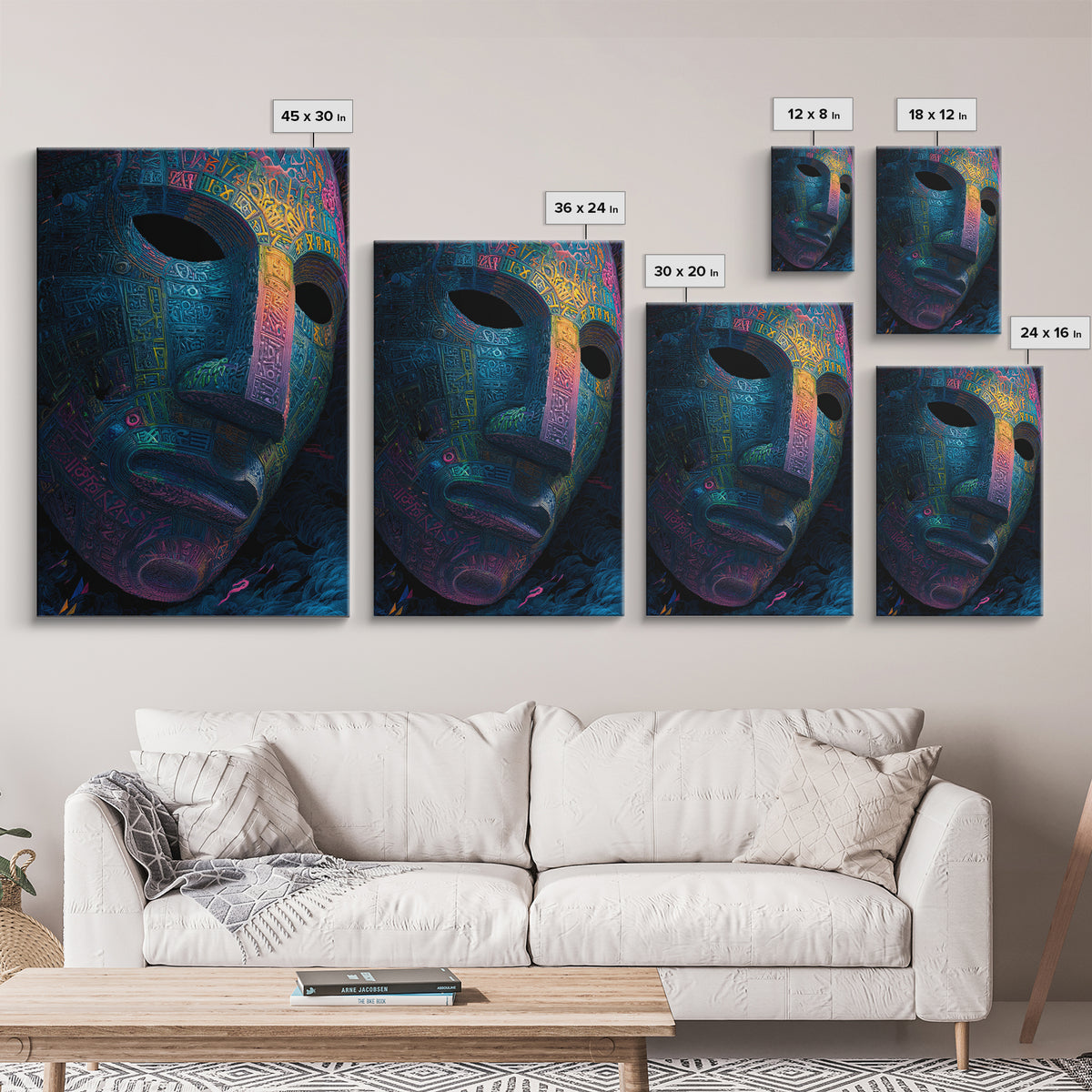 Neon Ancient Mask Portrait Wall Art, Dark Surreal Art Print, Psychedelic Gothic Decor, Futuristic Statement Artwork Gift