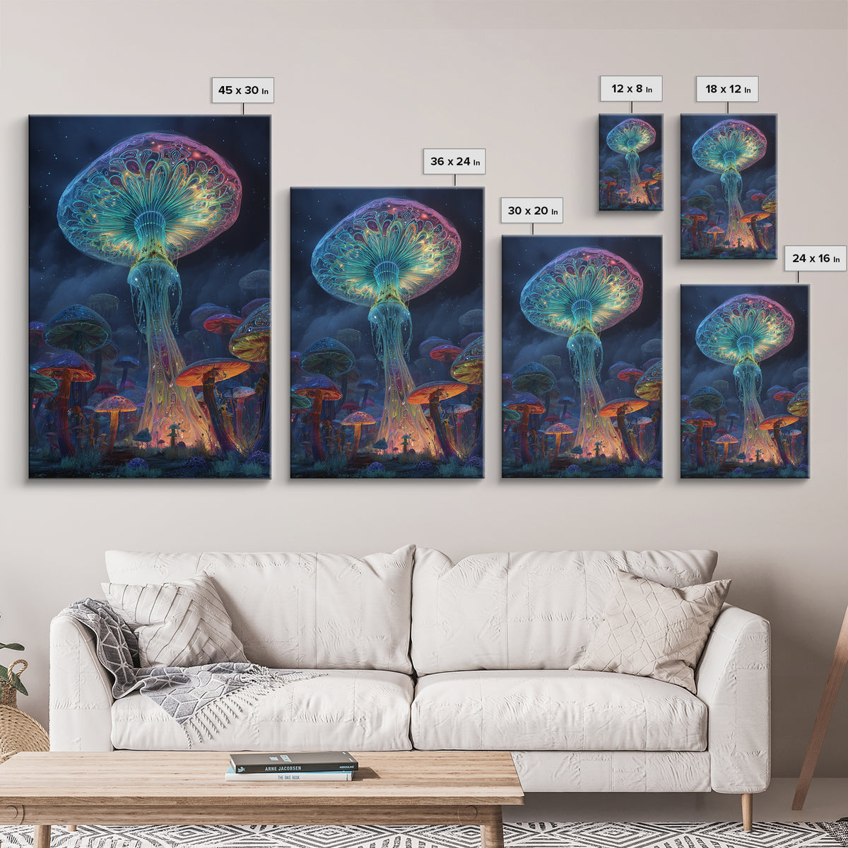 Vibrant Neon Mushroom Fantasy Landscape Canvas Print With Glowing Magical Fungi In A Mystical Night Forest Wall Art