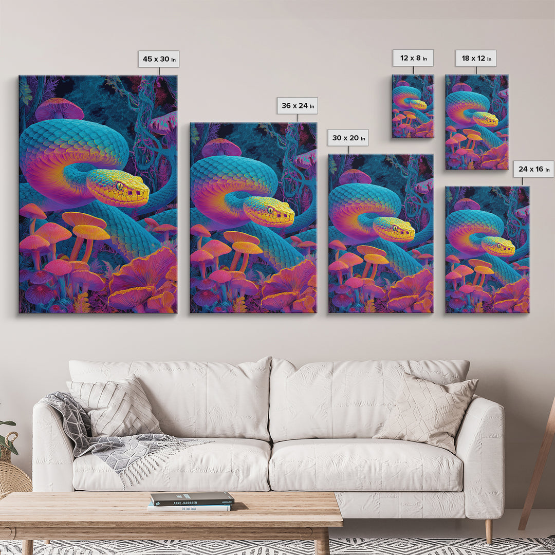 Vibrant Psychedelic Snake and Mushroom Art Wall Art Canvas Print Colorful Modern Wall Decor