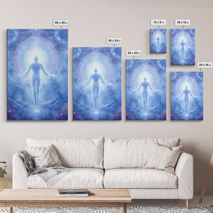 Ethereal Ascending Figure Amid Glowing Light Spiritual Art Print Contemporary Wall Art Canvas Print