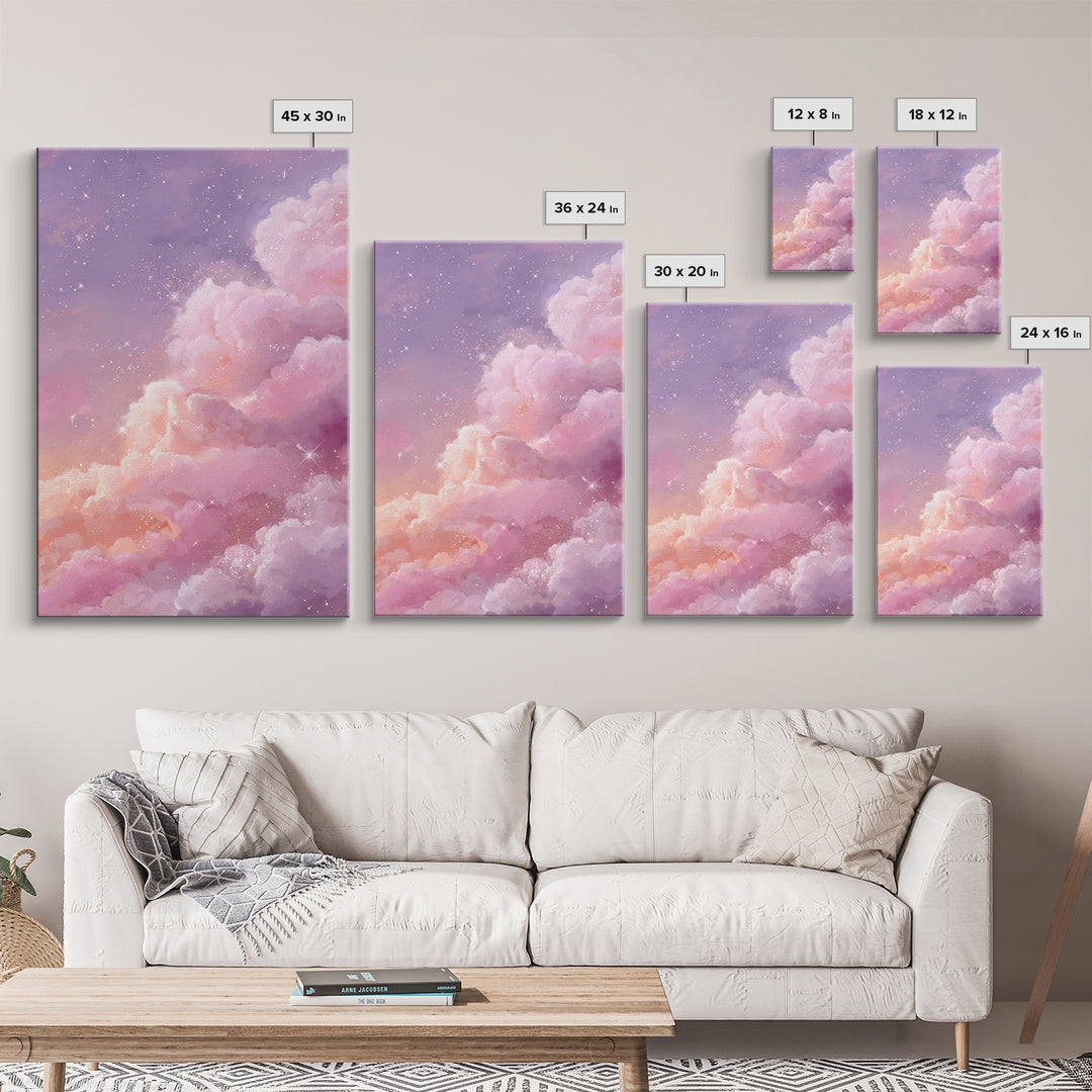 Sparkling Pink Clouds Under Starry Sky Canvas Print, Celestial Wall Art For Dreamy Bedroom Decor And Whimsical Nursery Decor