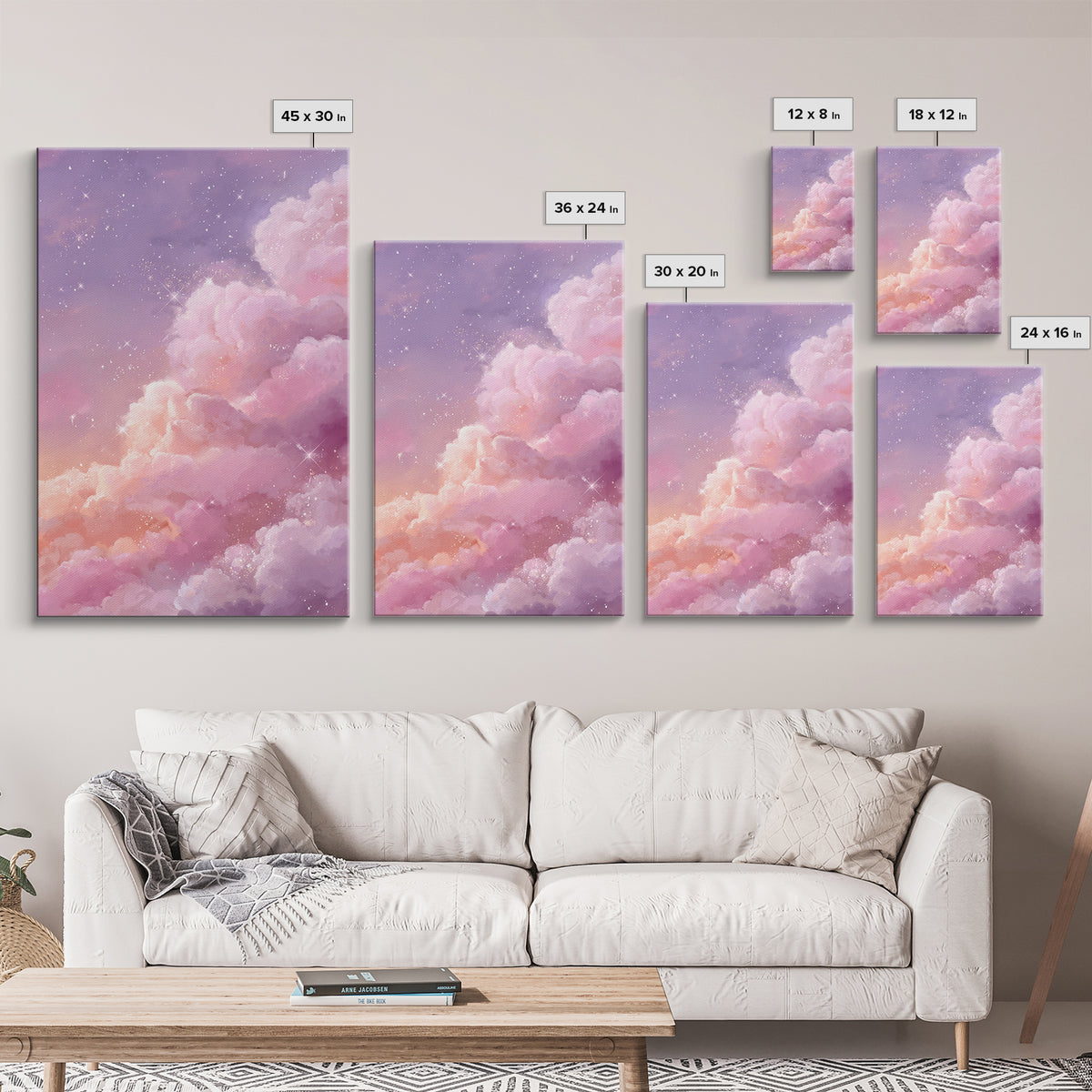 Sparkling Pink Clouds Under Starry Sky Canvas Print, Celestial Wall Art For Dreamy Bedroom Decor And Whimsical Nursery Decor