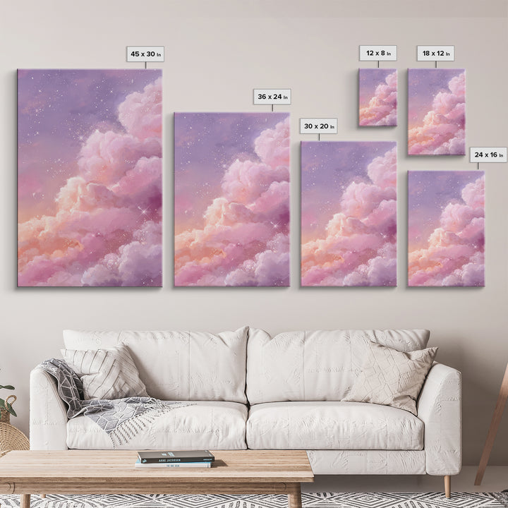 Sparkling Pink Clouds Under Starry Sky Canvas Print, Celestial Wall Art For Dreamy Bedroom Decor And Whimsical Nursery Decor
