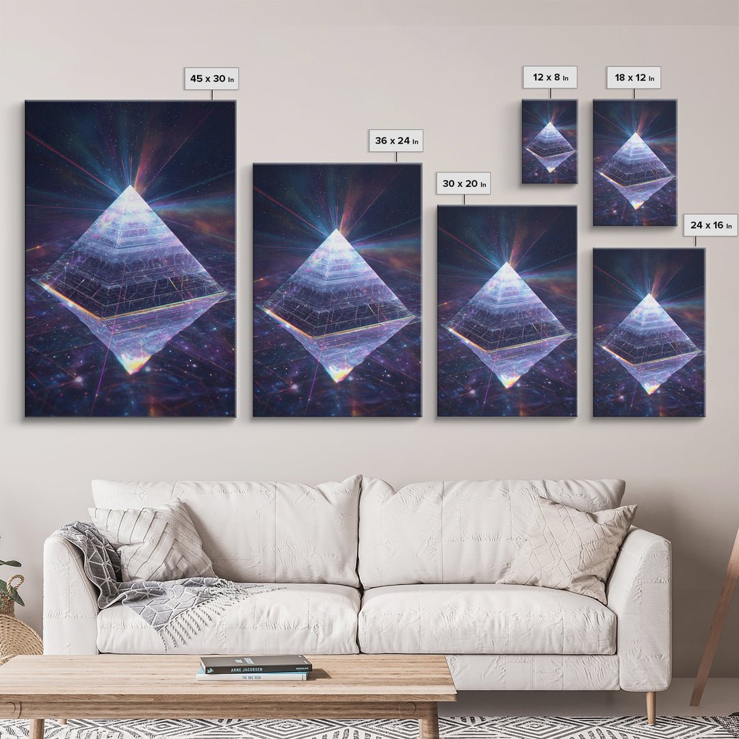 Glowing Crystal Pyramid Framed Canvas Print, Celestial Space Wall Art, Sacred Geometry Decor For Modern Home And Office Decor