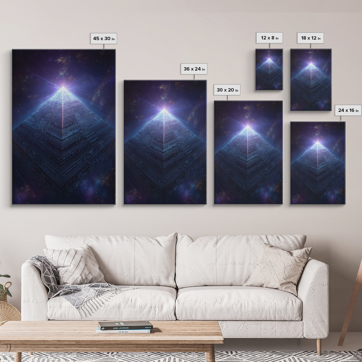 Luminous Cosmic Pyramid In Starry Space Wall Art, Geometric Sci Fi Art Print, Futuristic Decor, Mystical Statement Wall Art