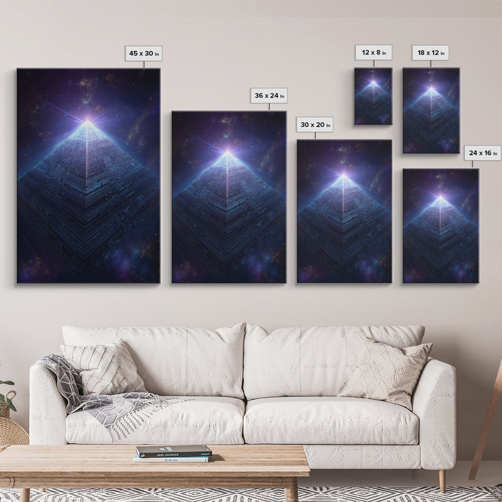 Luminous Cosmic Pyramid In Starry Space Wall Art, Geometric Sci Fi Art Print, Futuristic Decor, Mystical Statement Wall Art