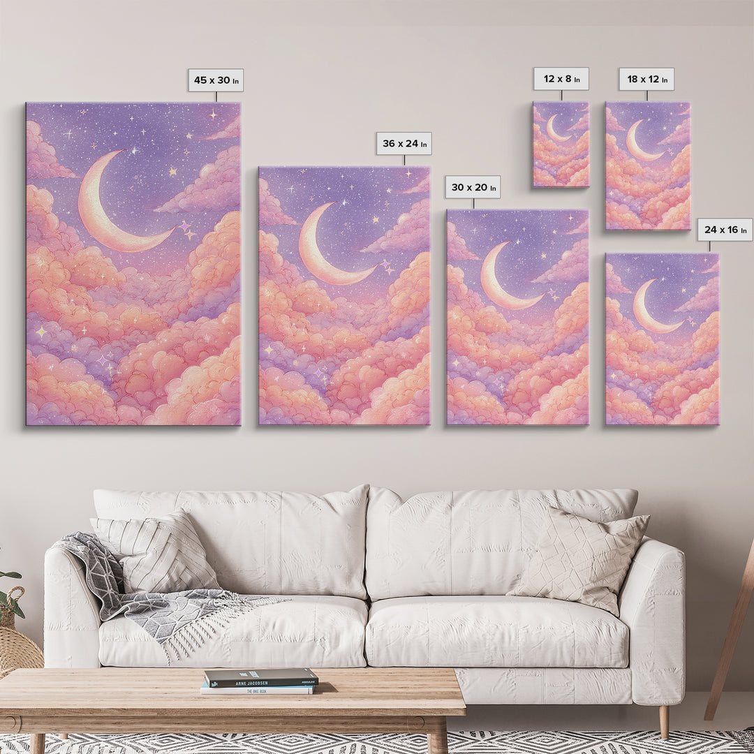 Pastel Crescent Moon In Pink Clouds Wall Art, Celestial Nursery Art, Dreamy Moon And Stars Decor For Bedroom Wall Decor Gift
