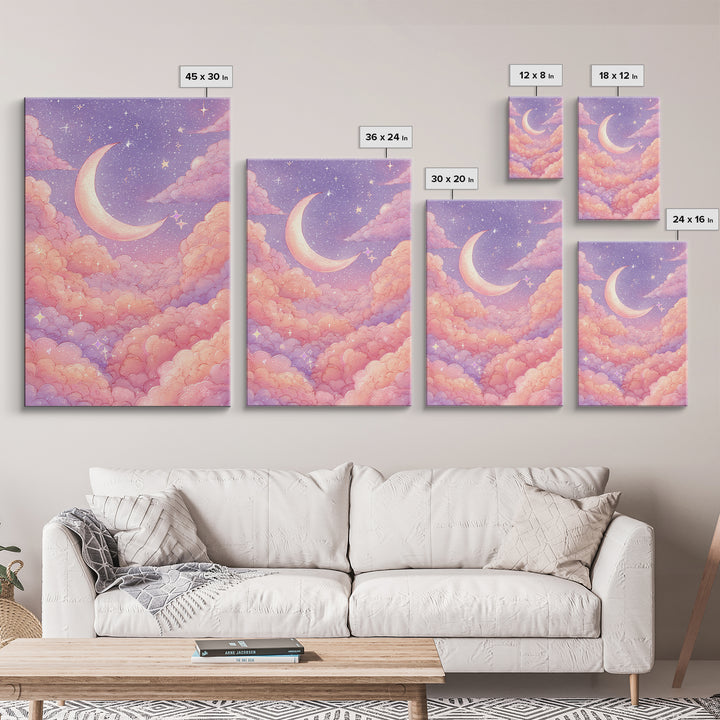 Pastel Crescent Moon In Pink Clouds Wall Art, Celestial Nursery Art, Dreamy Moon And Stars Decor For Bedroom Wall Decor Gift